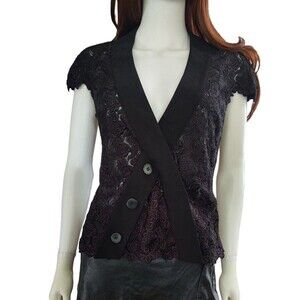 BeBe Crochet Lace V-neck Snap Wrap Peplem Cap Sleeve Black Casual Formal Top Med